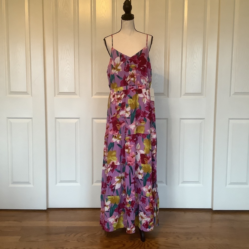 Olivia Grey Purple Floral Tiered Maxi Dress‎ XL Sleeveless V Neck NWT